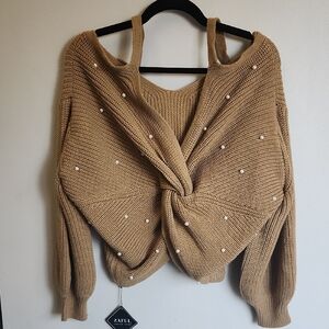 Zaful (S) Camel Off-Shoulder Sweater with Pearl Accents
